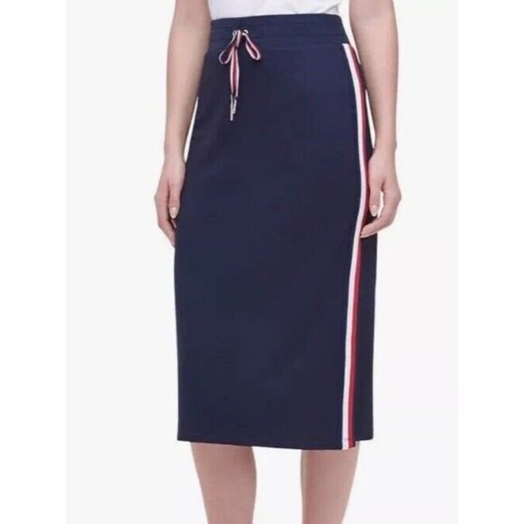 Tommy Hilfiger Midi Skirt Size XL Red White Blue Side Stripe Knit Elastic Waist - Picture 12 of 15